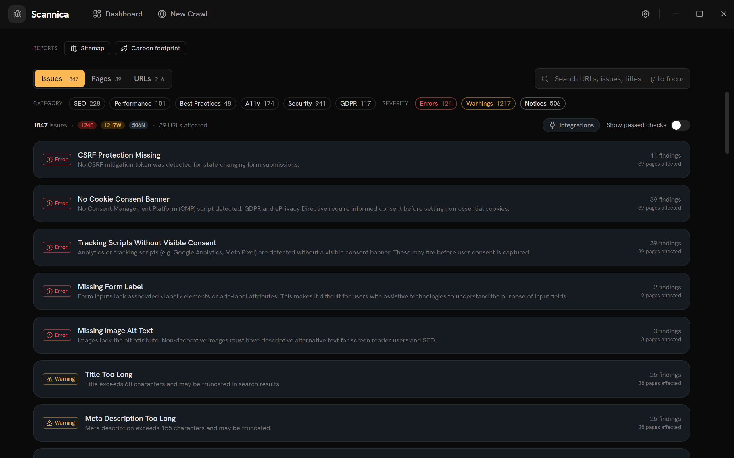 Issue aggregation across the crawl, grouped by rule code and category