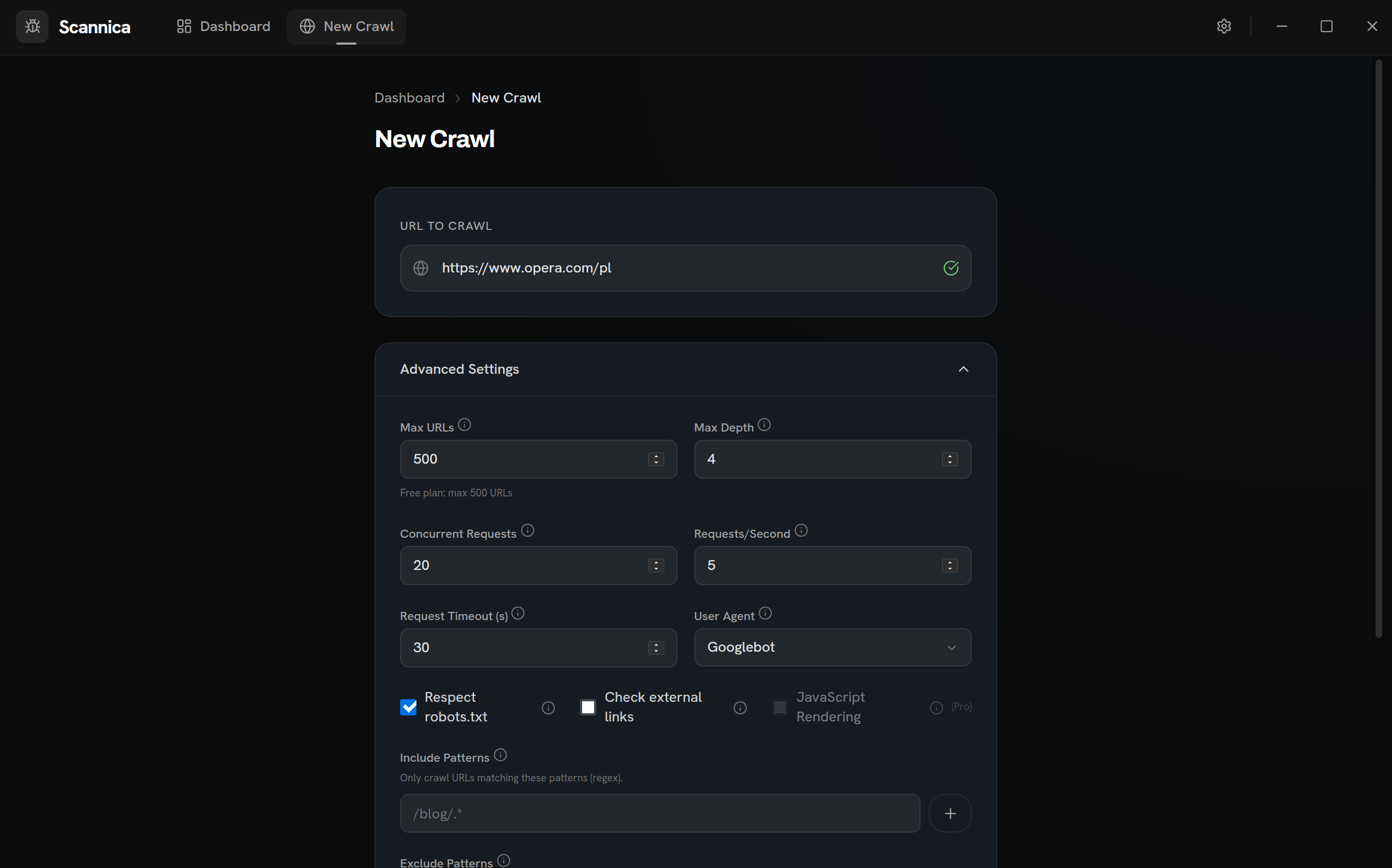 New Crawl configuration with depth, concurrency, RPS, user-agent, and pattern controls